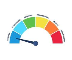 Schema des Qualifikationsniveaus, des Wachstumserfolgs und der Leistung, Diagrammschritt im Geschäft. Titel und Kompetenz der Person. Anfänger, Mittel, Fortgeschritten, Profi, Meister. Vektor-Illustration vektor