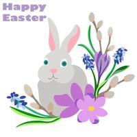 Frohe Ostern. Grauer Osterhase sitzt in Frühlingsblumen - Krokusse, Weide, Primel. Glückwünsche und Geschenke zu Ostern und Frühling. Hallo Frühling vektor
