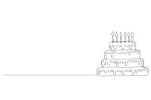 kontinuerlig linjeteckning födelsedagstårta med ljus. symbol för firande lyckligt ögonblick på vit bakgrund vektorillustration. vektor