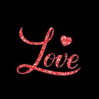 kärlek kalligrafi hand bokstäver gjorda av rött glitter på svart bakgrund. alla hjärtans dag typografi affisch. vektormall för banner, inbjudan, gratulationskort, logotypdesign, flygblad, etc. vektor