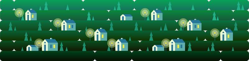 Banner eine Nachtlandschaft mit kleinen Häusern und Straßenlaterne vor dem Hintergrund von Gras, Natur, Hügeln. Vektorgrafik im flachen Stil für Design, Spiele oder Websites vektor