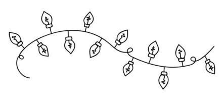 linjär en krans av hängande glödlampor. inredning för en semester och ett mysigt hem. vinterhygge. vektorillustration i skandinavisk, nordisk stil. handritad linjekonst vektor