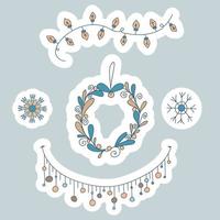 doodle set vinter dekoration. linjära glödlampor, krans av lyktor, krans av löv och snöflingor. vinterhygge. vektorillustration i skandinavisk, nordisk stil. handritad och klistermärke design vektor