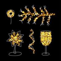 Weihnachtsgold-Glitzer-Set, Champagner, Fichtenzweig, Sternlampe, Spirale. Frohe Weihnachten und Neujahrsfeiertagselemente für eine Karte, ein Poster, eine Website, ein Banner. glitzernde Vektorillustration vektor