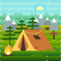 solig dag landskapsillustration i platt stil med tält, lägereld, berg, skog och berg. bakgrund för sommarläger, naturturism, camping eller vandring designkoncept vektor