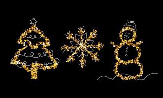 jul guld glitter set, snöflinga, träd, snögubbe. god jul och nytt år semester element för ett kort, affisch, hemsida, banner. glittrig vektorillustration vektor