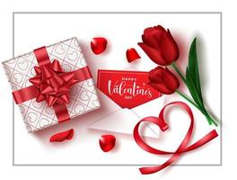Valentinstag Vektor Hintergrunddesign. glücklicher valentinstagtext im grußkartenbrief mit tulpenblume und geschenkelement für romantisches valentinstagfeierdesign. Vektor-Illustration