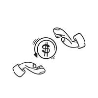 handritad hand- och dollarteckensymbol för cashback-ikon, returnera pengar, cashback-rabatt i doodle vektor
