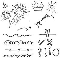 doodle set element, svart på vit bakgrund. pil, hjärta, kärlek, stjärna, löv, sol, ljus, blomma, krona, kung, drottning, swish, svep, betoning, virvla, hjärta, för konceptdesign. handritad stil vektor