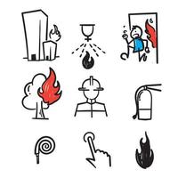 handritad brand och brandbekämpning relaterade ikonuppsättning i doodle stil vektor