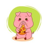 söt gris som äter pizza. seriefigur isolerade bakgrund. vektor