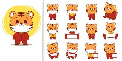 Set Sammlung süßer Tiger im roten chinesischen Kostüm. chinesisches neues jahr 2022. Tierferien Zeichentrickfigur vektor