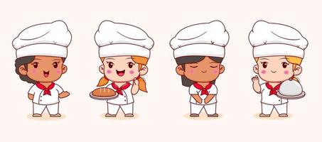 Satz süßes Kochmädchen mit unterschiedlicher Pose. Chibi-Cartoon-Stil isolierter Hintergrund vektor