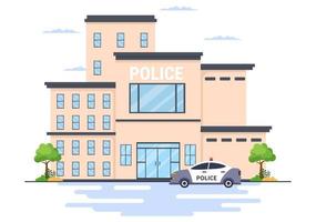 Polizeistationsgebäude mit Polizist und Polizeiauto in flacher Hintergrundillustration vektor