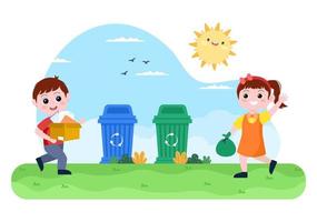 Recyclingprozess mit organischem Müll, Papier oder Kunststoff zum Schutz der ökologischen Umgebung, geeignet für Banner, Hintergrund und Web in flacher Illustration