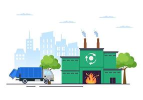 återvinning ekologiprocess platt illustrationsbakgrund med organiskt avfall, papper eller plast plockat upp på en lastbil och förts för att brinna vektor
