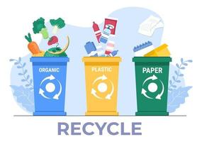 återvinningsprocessen med organiskt skräp, papper eller plast för att skydda den ekologiska miljön som är lämplig för banner, bakgrund och webb i platt illustration vektor