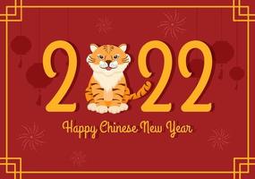 Frohes chinesisches neues jahr 2022 mit tierkreis süßem tiger und blume auf rotem hintergrund für grußkarten, kalender oder poster in flacher designillustration vektor