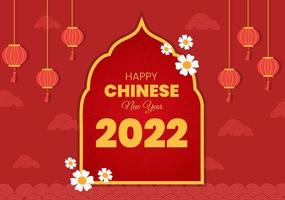 gott kinesiskt nytt år 2022 med zodiaken söt tiger och blomma på röd bakgrund för gratulationskort, kalender eller affisch i platt designillustration vektor