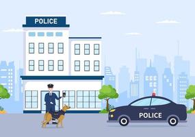 Polizeistationsgebäude mit Polizist und Polizeiauto in flacher Hintergrundillustration vektor
