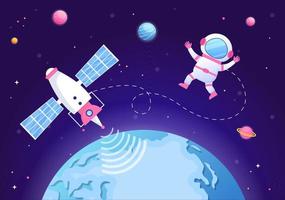 konstgjorda satelliter som kretsar runt planeten jorden med trådlös teknologi global 5g internetnätverkskommunikation och astronaut i platt bakgrundsillustration vektor