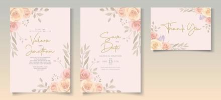 Satz schöne Hochzeitseinladungsschablone mit Hand gezeichneter Rosenblumenverzierung vektor
