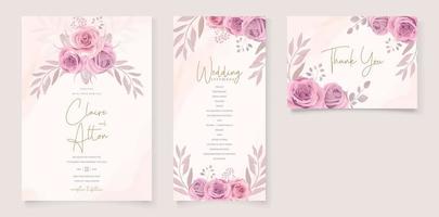 Satz schöne Hochzeitseinladungsschablone mit Hand gezeichneter Rosenblumenverzierung vektor
