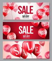 Verkauf Vektor Ballons Banner Set. Sammlungen von fliegenden Ballons mit 50 Prozent Rabatt auf rotem und weißem Hintergrund für Marketingaktionen im Geschäft. Vektor-Illustration.