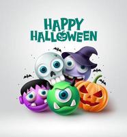 halloween karaktär vektor design. glad halloween text med läskiga pumpa, skalle, häxa och cyklops skräck karaktärer bakgrund. vektor illustration.