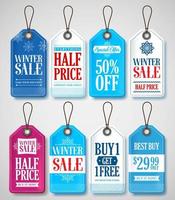 Winter-Sale-Tags für Saisongeschäftsaktionen mit Etiketten, die im Hintergrund mit blauen und weißen Farben hängen. Vektor-Illustration. vektor