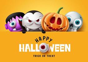 Happy Halloween Text Vektor Template Design. Halloween Trick or Treat Charaktere gruselig, gruseliges und gruseliges Maskottchen Emoji auf gelbem Hintergrund. Vektor-Illustration.