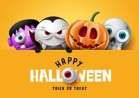 glad halloween text vektor malldesign. halloween trick or treat-karaktärer läskiga, kusliga och läskiga maskot-emoji i gul bakgrund. vektor illustration.