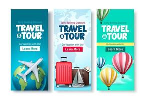 Reise- und Tourplakat-Set Vektor-Hintergrund-Design. Reise- und Tour-Frühbucherrabatt mit Reiseelementen für Tourismus-Online-Werbezwecke. Vektor-Illustration. vektor