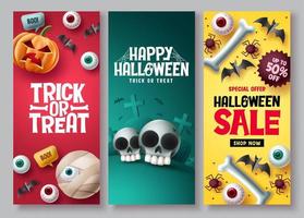 halloween försäljning vektor affisch set. halloween rabattpriserbjudande med söta och läskiga emoji-karaktärselement för shoppingkampanjannonser. vektor illustration.