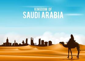 arabisk man rider på kamel i bred ökensand i Mellanöstern på väg till staden i kungariket Saudiarabien. redigerbar vektorillustration vektor