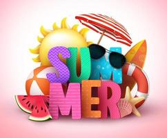 sommar 3d text vektor banner design med färgglad titel och realistiska tropiska strandelement i en bakgrund för sommarlovet. vektor illustration.