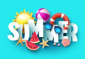 Sommer 3D-Text-Vektor-Banner-Design mit weißem Titel und bunten tropischen Strandelementen im blauen Musterhintergrund für die Sommersaison. Vektor-Illustration. vektor