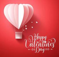 Happy Valentinstag Vektor-Grußkartendesign mit 3D-realistischem Papierschnitt-Herzform-Fliegenballon und Herzdekorationen in rotem Hintergrund. Vektor-Illustration. vektor