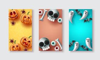 Halloween-Plakat-Set-Vektor-Design. Halloween-Hintergrundsammlung mit süßen, gruseligen und beängstigenden Maskottchen-Charakterelementen mit Kopienraum für Typografietext. Vektor-Illustration. vektor