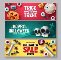 halloween försäljning vektor banner set. halloween trick or treat rabatterat priserbjudande med söt och läskig emoji-karaktär för reklamannonser för flygblad. vektor illustration.