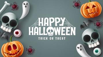 glad halloween text vektor design. halloween trick or treat i grå rymdbakgrund med läskiga, kusliga, läskiga och söta maskotkaraktärer. vektor illustration.
