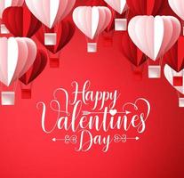 Happy Valentinstag Grußkarte Vektor-Design in rotem Hintergrund mit Papier geschnitten Herzform Heißluftballons fliegen. Vektor-Illustration. vektor