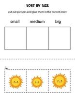 Bilder nach Größe sortieren. pädagogisches Arbeitsblatt für Kinder. vektor