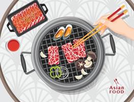 koreanisches Schweinefleisch-BBQ-Essen, gegrilltes Rinderfilet auf einem Teller, Fleischrutschen-Grillbuffet