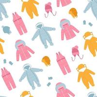 nahtloses Muster von Baby-Winterkleidung. bunter Wintermantel, Overall, Schneeanzug, Overall, Mützen und Fäustlinge vektor