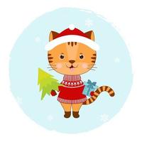 süßer Cartoon-Tiger mit einem Weihnachtsbaum und einem Geschenk. Postkarte Weihnachten. vektor