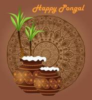 Happy Pongal Festival ist die hinduistische Ernte, die traditionell dem Sonnengott Surya gewidmet ist und in Tamil Nadu gefeiert wird. pongal angebot und rabattaufkleber mit topf. Satz von Verkaufsetiketten vektor