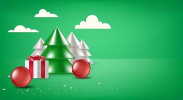 Weihnachtskomposition mit abstrakten Kiefern, Geschenkbox und Kugeln. 3D-Vektor-Banner mit Textfreiraum vektor