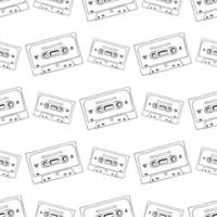 handgezeichnete Kassette und nahtloses Mixtape-Muster, schwarz-weißer Cartoon-Doodle-Hintergrund für Musiktechnologie oder Audiogeräte vektor