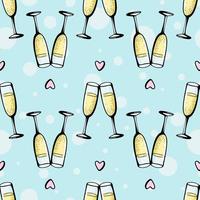 Gläser Champagner nahtlose Doodle-Muster. Prost-Vektor-Illustration auf blauem Hintergrund. Valentinstag Grußkarte, Jubiläumsfeier vektor